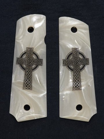 Pearl Celtic Cross Grips Compatible/Replacement for Browning 1911-22 1911-380 Grips Engraved Textured Checkered
