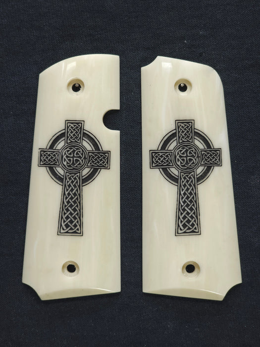Faux Ivory Celtic Cross Rock Island 380 1911 Grips