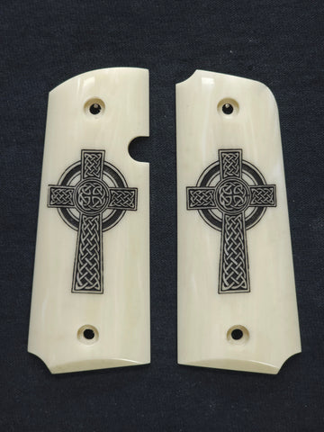 Ivory Celtic Cross Rock Island 380 1911 Grips Engraved Textured Checkered