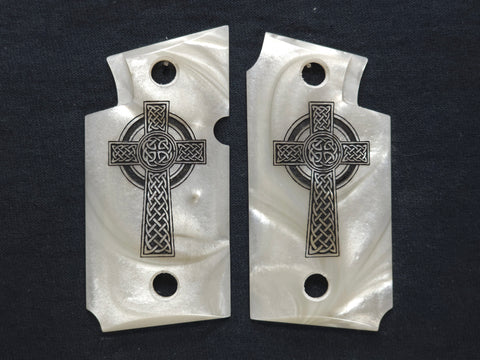 Pearl Celtic Cross Springfield Armory 911 9mm Grips Engraved Textured Checkered
