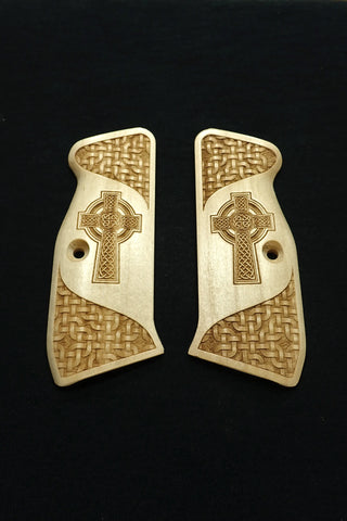 --Maple Celtic Cross CZ-75 Grips Checkered Engraved Textured