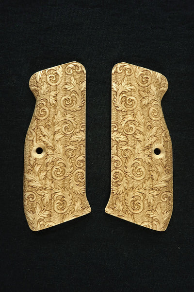 --Maple Floral Scroll CZ-75 Grips Checkered Engraved Textured