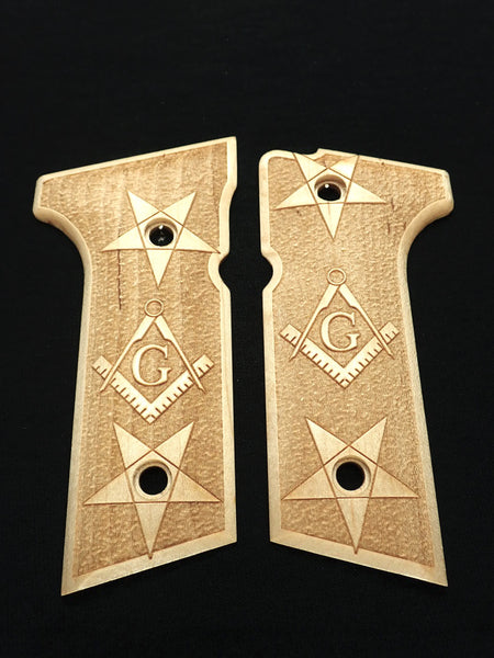 --Maple Masonic Beretta 92x,Vertec, M9A3 Grips Engraved Textured