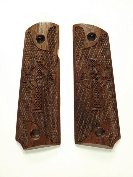 Walnut Celtic Cross Checkered Grips Compatible/Replacement for Browning 1911-22 1911-380 Grips