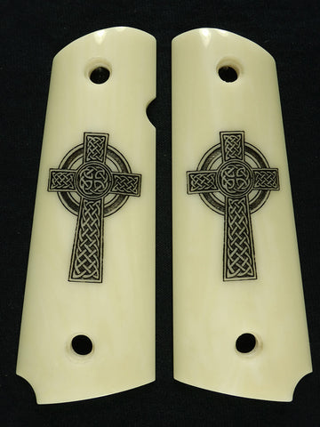 Ivory Celtic Cross Engraved 1911 Grips (Full Size) Textured