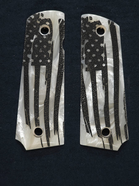 Pearl American Flag Grips Compatible/Replacement for Browning 1911-22 1911-380 Grips Engraved Textured Checkered