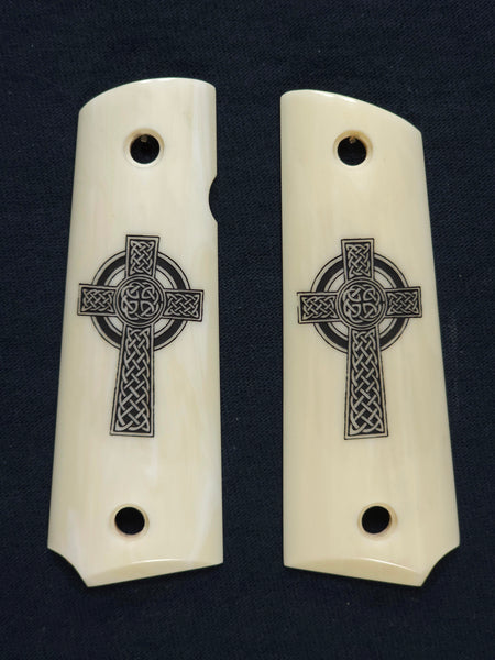 Ivory Celtic Cross Compatible/ Replacements Browning 1911 - .22/.380 Grips Engraved Textured Checkered