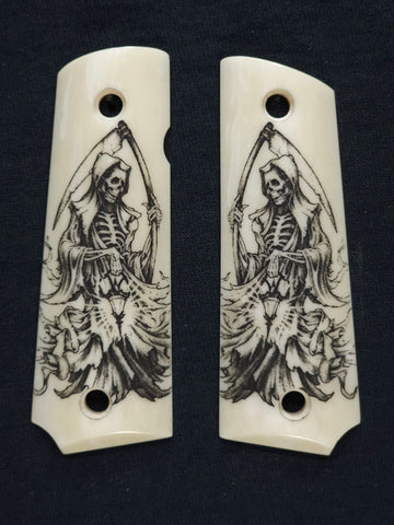 Ivory Grim Reaper Compatible/ Replacements Browning 1911 - .22/.380 Grips Engraved Textured Checkered