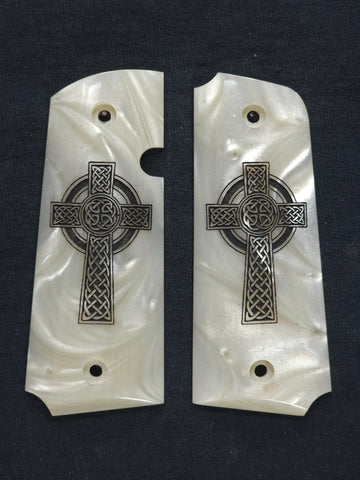 Pearl Celtic Cross Rock Island 380 1911 Grips Engraved Textured Checkered