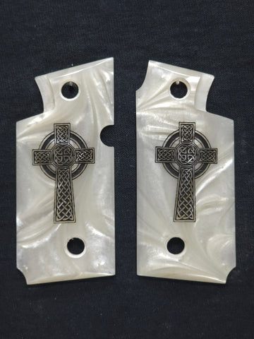 Pearl Celtic Cross Springfield Armory 911 .380 Grips Engraved Textured Checkered