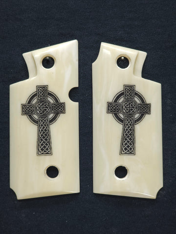Ivory Celtic Cross Springfield Armory 911 .380 Grips Engraved Textured Checkered