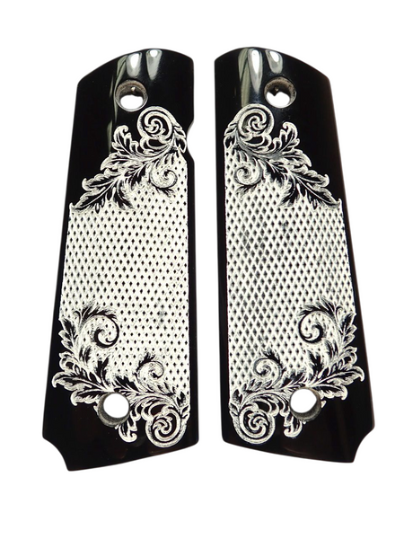 Black & White Floral Checkered 1911 Grips (Full Size)