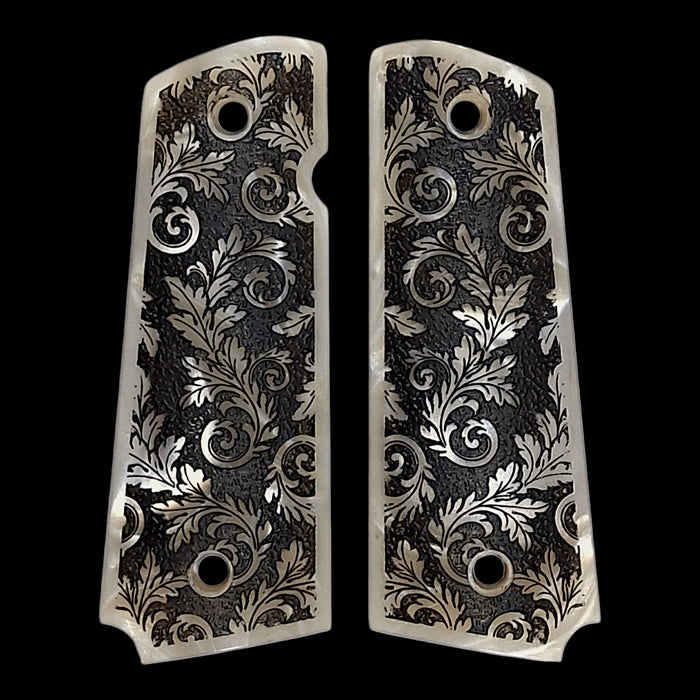 Pearl Floral Scroll Engraved 1911 Grips (Full Size)
