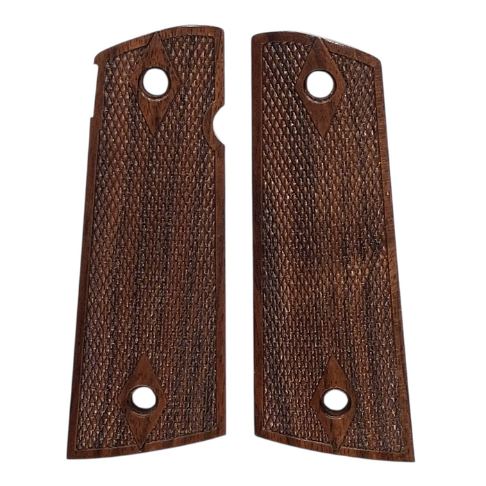 CLEARANCE-Walnut Double Diamond Checkered Magwell Full Size 1911 Grips w/ Ambi Cut