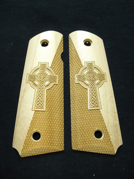 Maple Celtic Cross Half Checker 1911 Grips (Full Size)