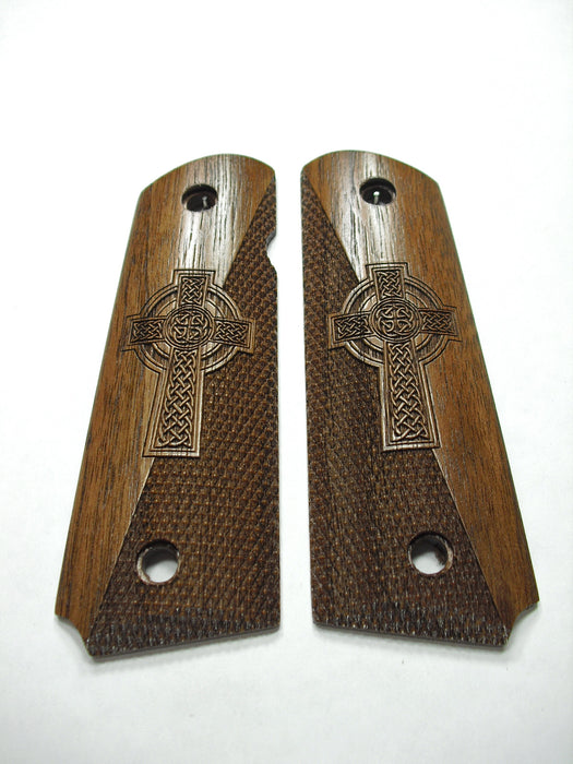 Walnut Celtic Cross Half Checkered 1911 Grips (Full Size)