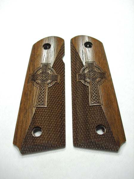Walnut Celtic Cross Half Checkered 1911 Grips (Full Size)