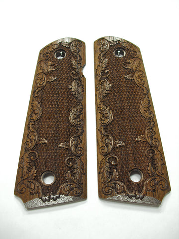 Walnut Floral Border Checkered 1911 Grips (Full Size)