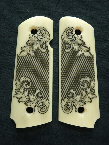 Faux Ivory Floral Checkered 1911 Grips (Compact)