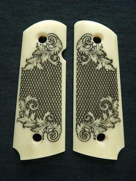 Faux Ivory Floral Checkered Engraved 1911 Grips (Compact)