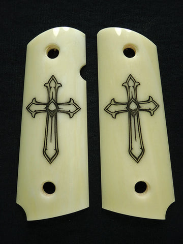 Faux Ivory Cross Engraved 1911 Grips (Compact)