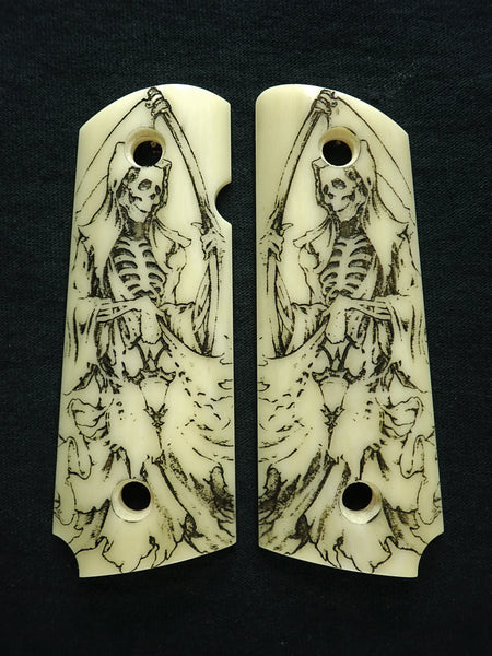 Faux Ivory Grim Reaper Engraved 1911 Grips (Compact)
