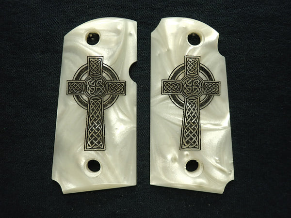 Pearl Celtic Cross Engraved Kimber Micro 9 Grips