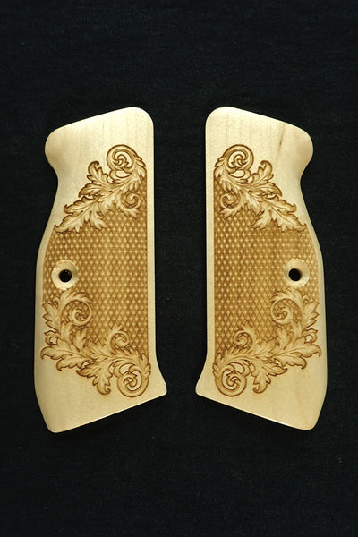 --Maple Floral Checkered CZ-75 Grips Checkered Engraved Textured