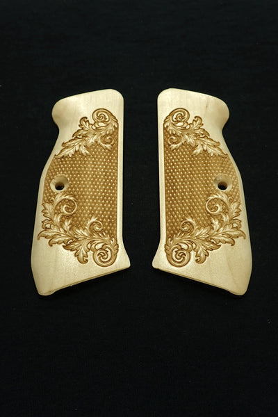 --Maple Floral Checkered CZ-75 Grips Checkered Engraved Textured