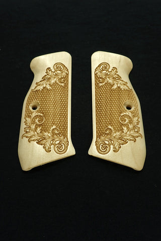 --Maple Floral Checkered CZ-75 Grips Checkered Engraved Textured