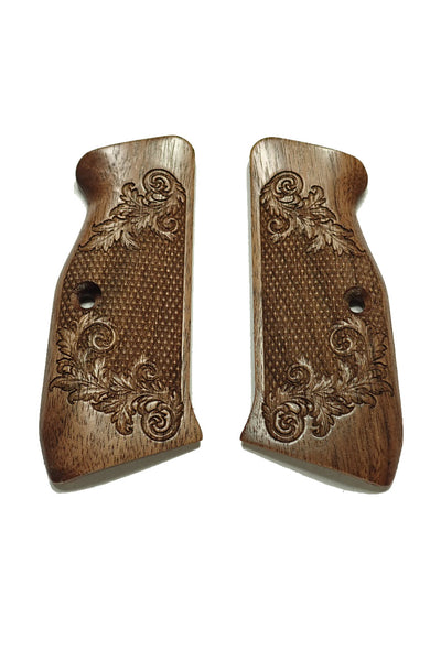 --Walnut Floral Checkered CZ-75 Grips Checkered Engraved Textured