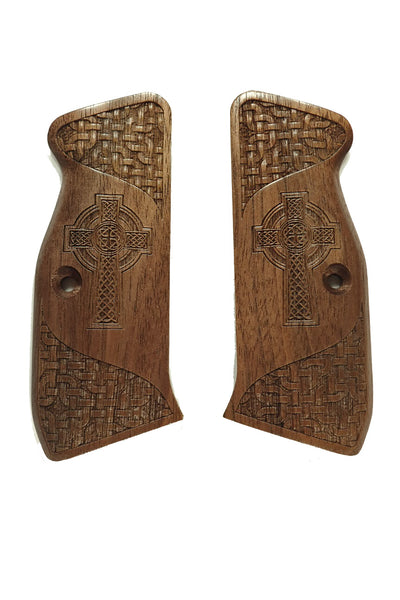 --Walnut Celtic Cross CZ-75 Grips Checkered Engraved Textured