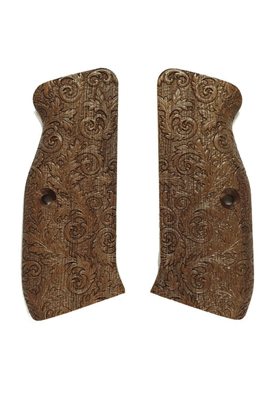 --Walnut Floral Scroll CZ-75 Grips Checkered Engraved Textured