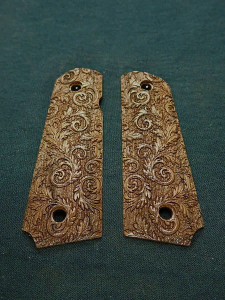 --Walnut Floral Scroll Grips Compatible/Replacement for Browning 1911-22 1911-380 Grips