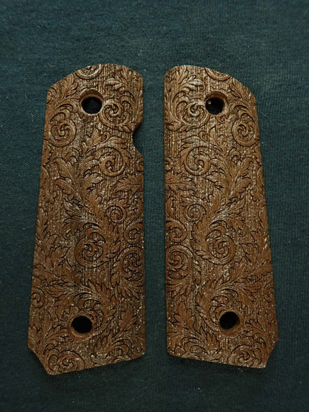 --Walnut Floral Scroll 1911 Grips (Compact)