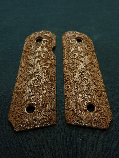 --Walnut Floral Scroll 1911 Grips (Compact)