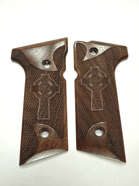 Walnut Celtic Cross Beretta 92x,Vertec, M9A3 Grips Engraved Textured
