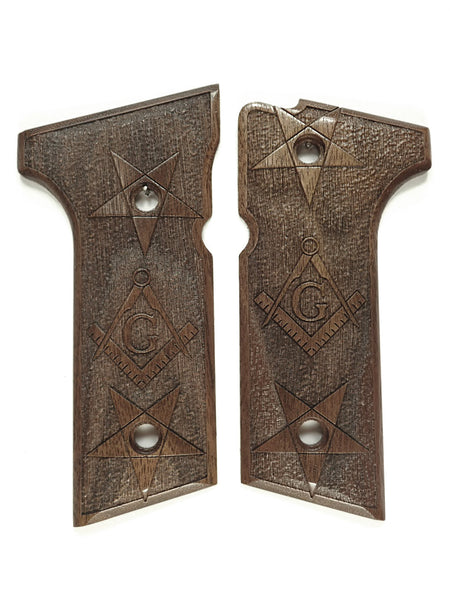 --Walnut Masonic Beretta 92x,Vertec, M9A3 Grips Engraved Textured