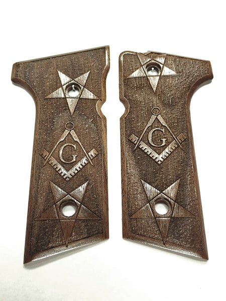 --Walnut Masonic Beretta 92x,Vertec, M9A3 Grips Engraved Textured