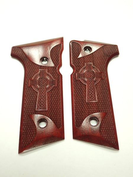Rosewood Celtic Cross Beretta 92x,Vertec, M9A3 Grips Engraved Textured