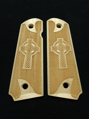 --Maple Celtic Cross Checkered Grips Compatible/Replacement for Browning 1911-22 1911-380 Grips