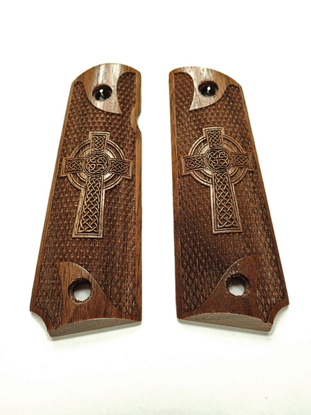 Walnut Celtic Cross Checkered Grips Compatible/Replacement for Browning 1911-22 1911-380 Grips