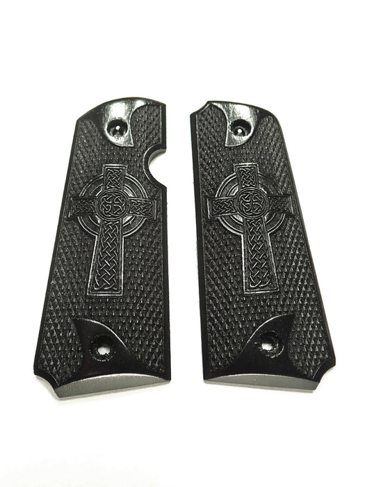Round Heel 1911 Grips – Steel, Black/Gold Finish For Colt, Kimber, Rock Island, Sig, Springfield – Full Size Government