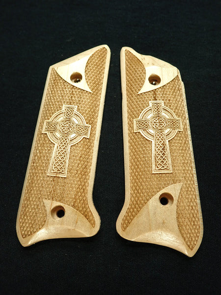 --Maple Celtic Cross Ruger Mark II/III Grips Checkered Engraved Textured