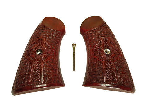 --Rosewood Celtic Cross Uberti Schofield Grips Checkered Engraved Textured