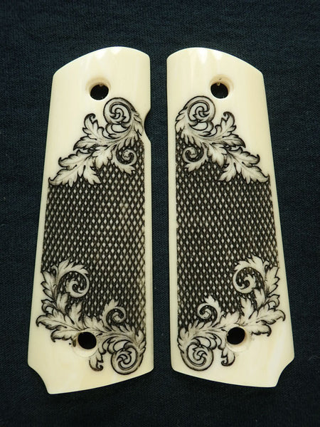 Faux Ivory Engraved Checkered Floral 1911 Grips (Full Size) Textured
