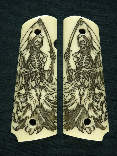 Ivory Grim Reaper Engraved 1911 Grips (Full Size) Textured