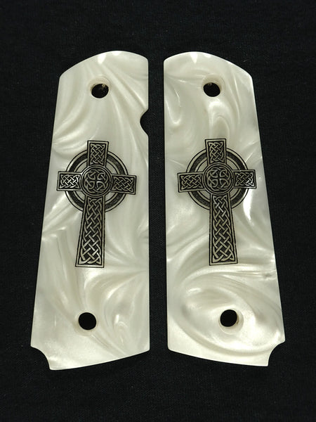 Pearl Celtic Cross Engraved 1911 Grips (Full Size)
