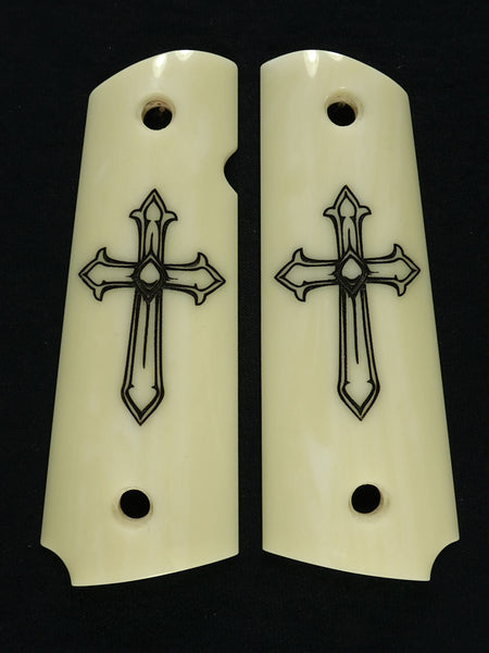 Ivory Cross Engraved 1911 Grips (Full Size) Textured