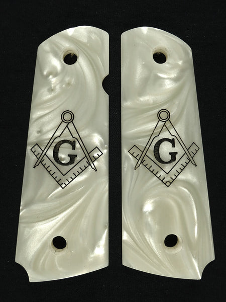 Pearl Masonic Engraved 1911 Grips (Full Size)